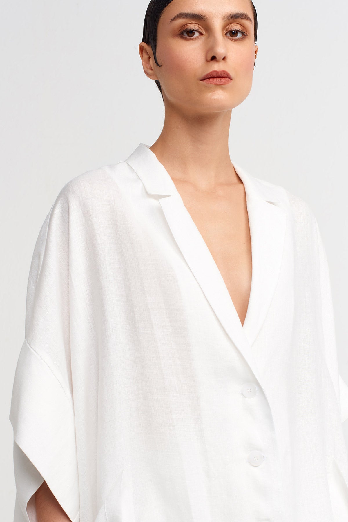 Kırık Beyaz V Yaka Ceket Elbise-Y244014028