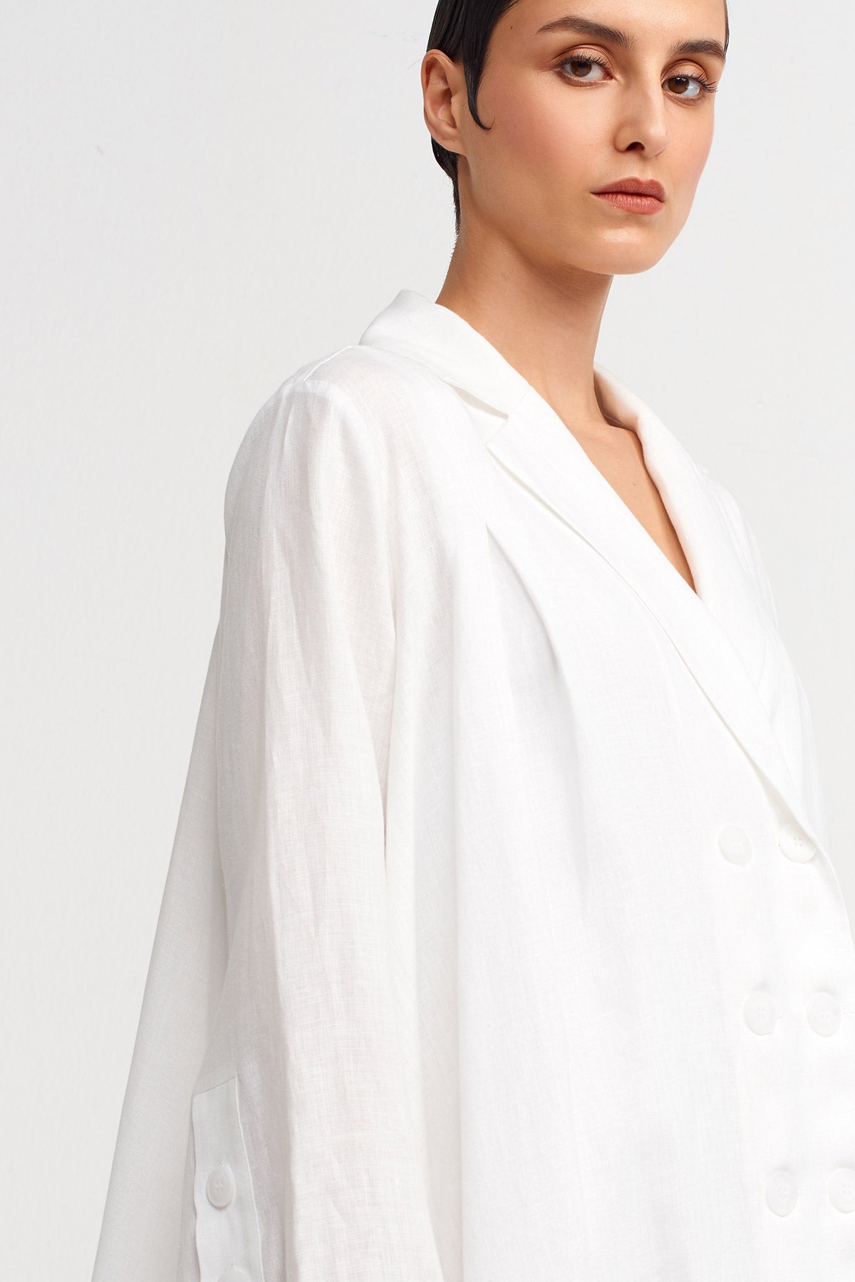 Kırık Beyaz Çift Düğmeli Ceket Elbise-Y244014029