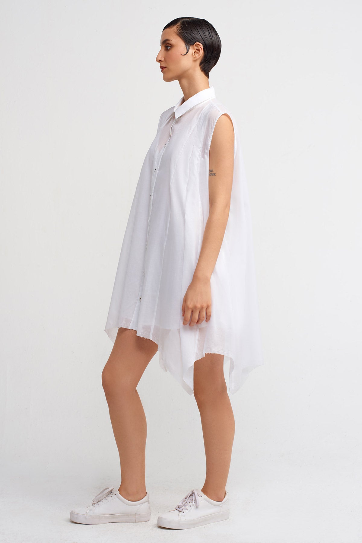 Kırık Beyaz Asimetrik Gömlek Elbise-Y244014031