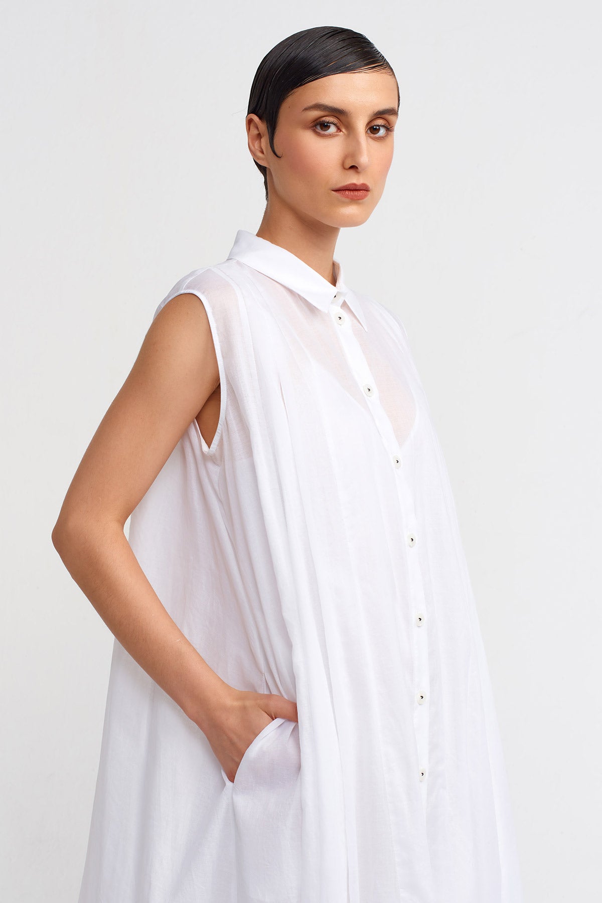 Kırık Beyaz Asimetrik Uzun Gömlek Elbise-Y244014032
