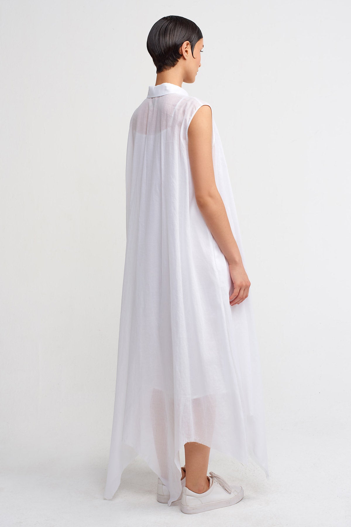 Kırık Beyaz Asimetrik Uzun Gömlek Elbise-Y244014032