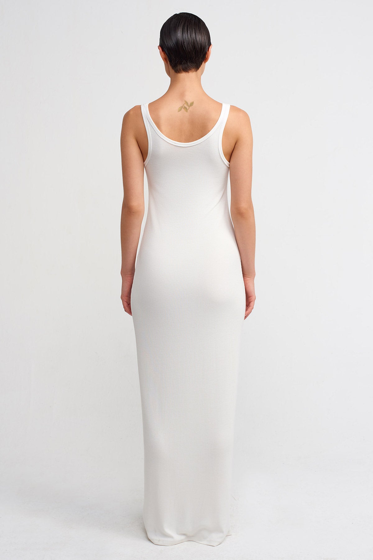 Kırık Beyaz Uzun Dar Ribana Elbise-Y244014034