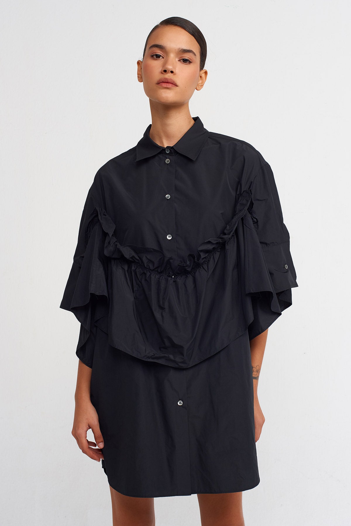 Siyah Tafta Gömlek Elbise-Y244014050