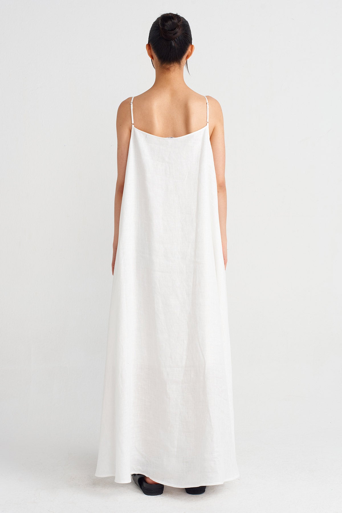 Kırık Beyaz İnce Askılı Keten Elbise-Y244014051