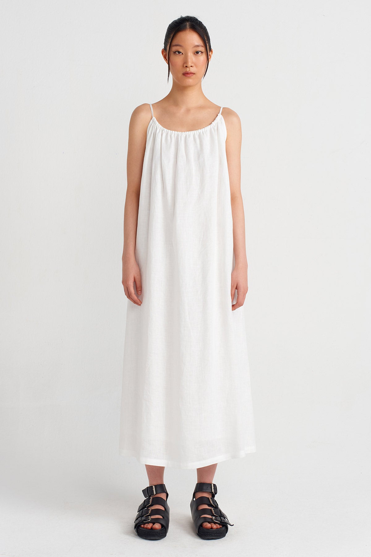 Kırık Beyaz Büzgülü İnce Askılı Keten Elbise-Y244014052