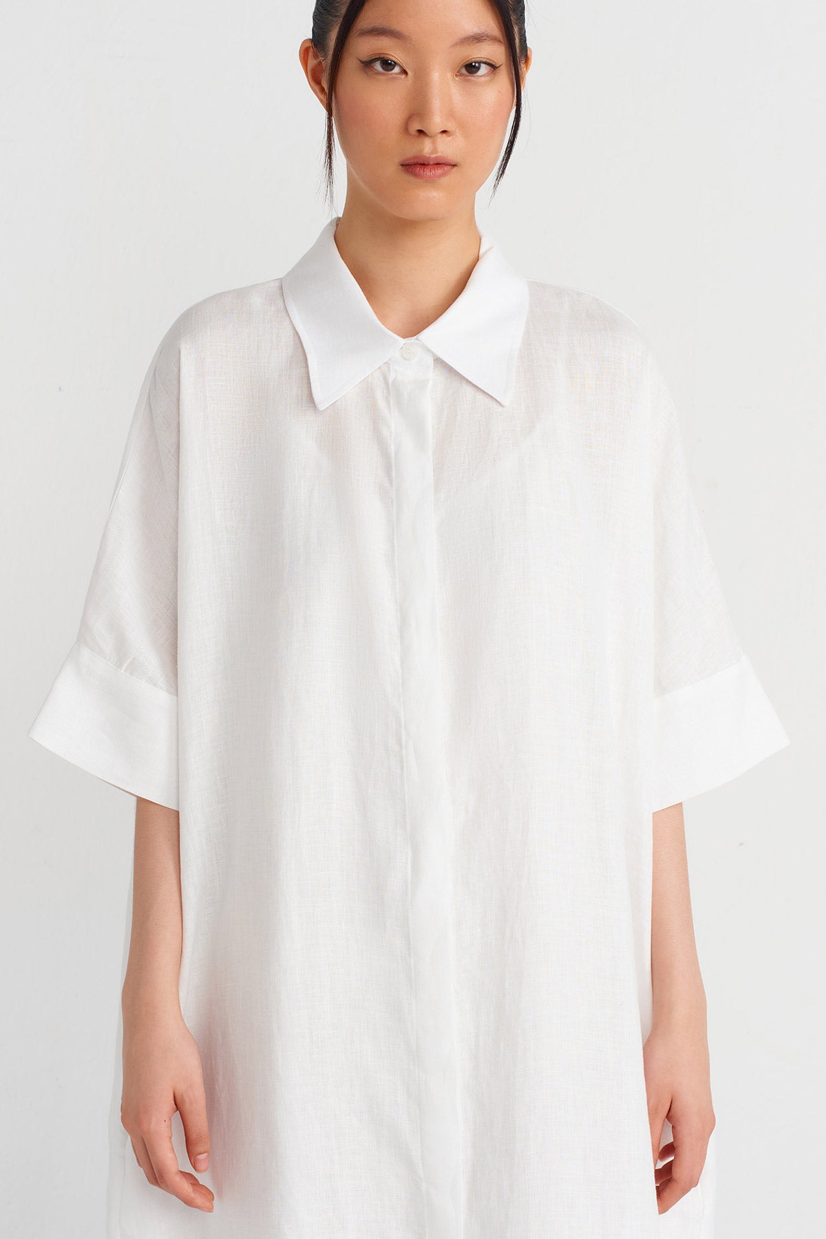 Kırık Beyaz Keten Gömlek Elbise-Y244014055