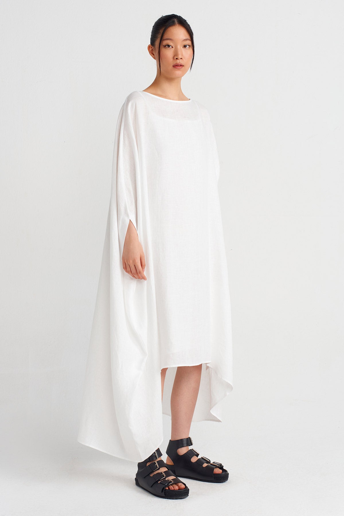 Kırık Beyaz Bir Kolu Pelerin Keten Elbise-Y244014056
