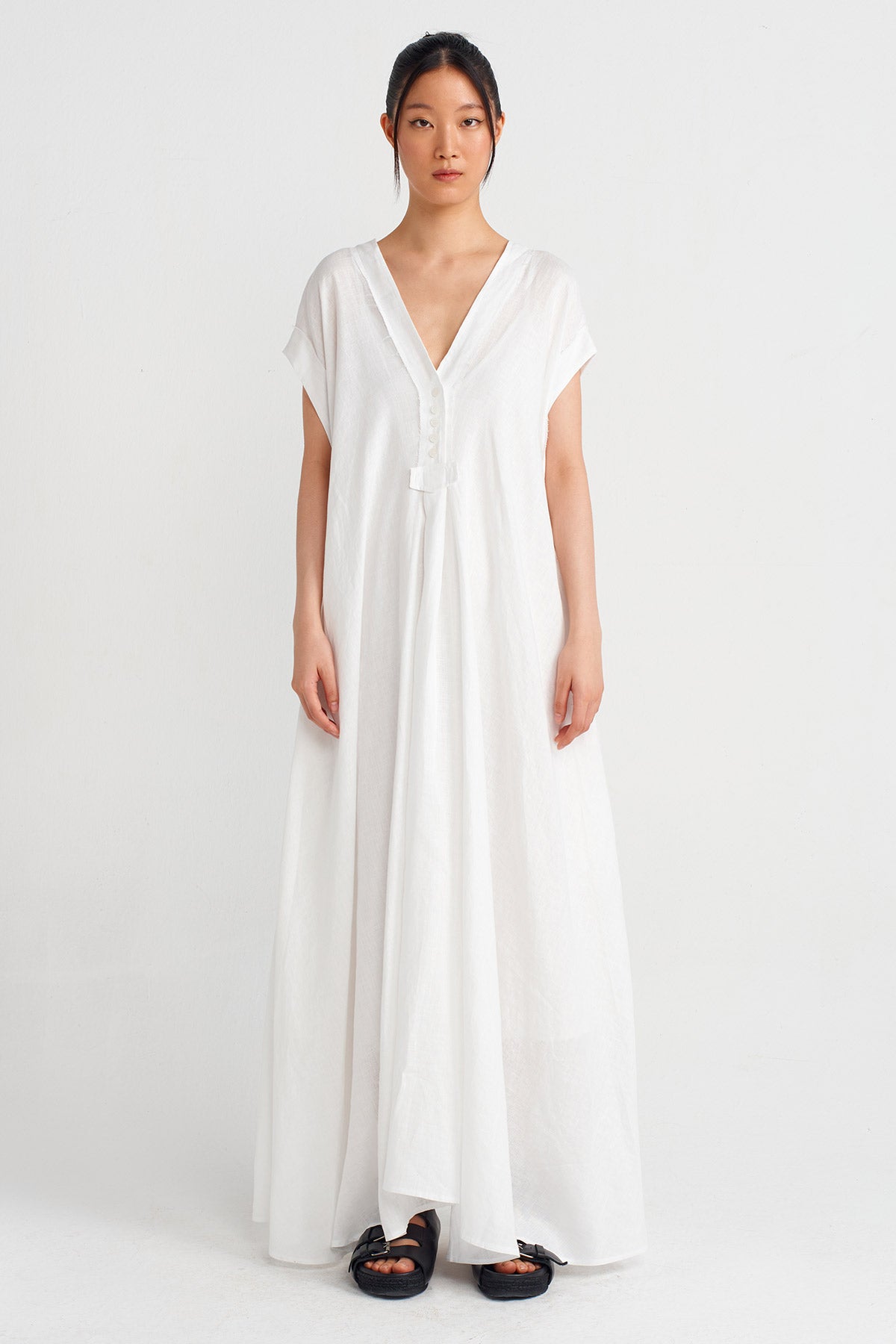 Kırık Beyaz V Yaka Keten Elbise-Y244014059