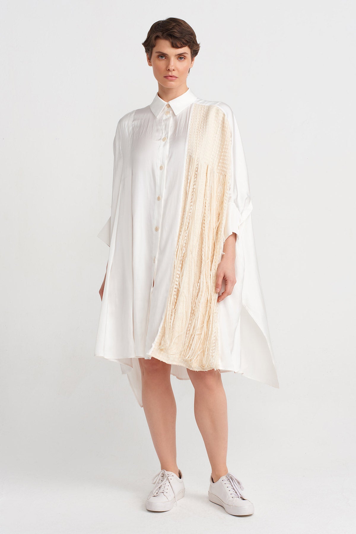 Kırık Beyaz / Natur Püskül Detaylı Gömlek Elbise-Y244014060