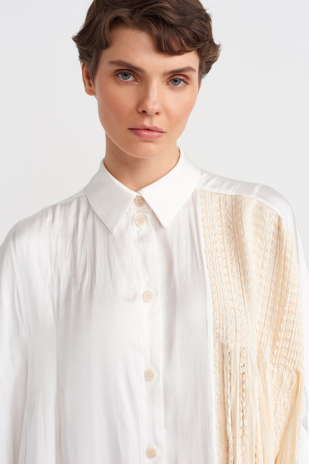 Kırık Beyaz / Natur Püskül Detaylı Gömlek Elbise-Y244014060