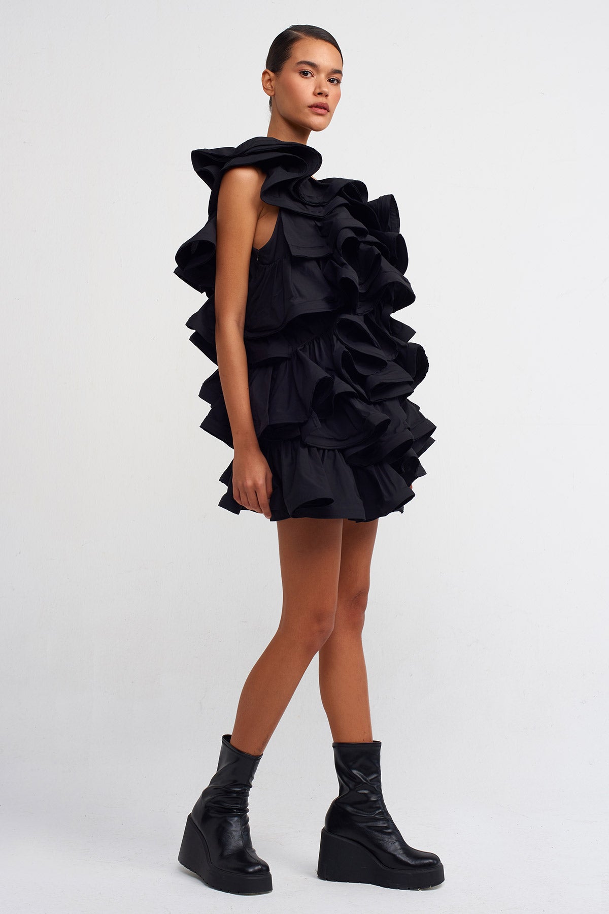 Siyah Kısa Poplin Fırfır Elbise-Y244014061