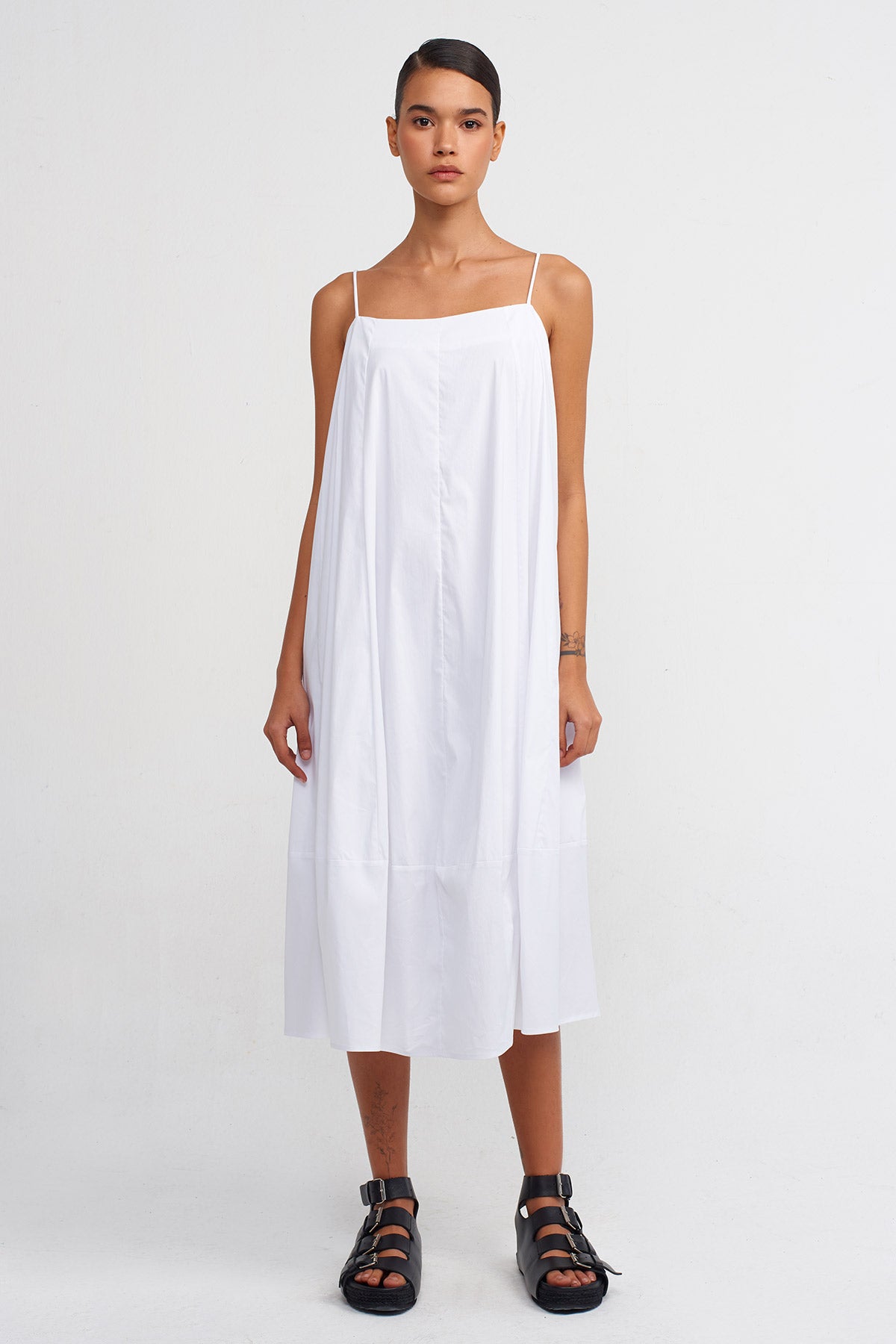Kırık Beyaz Askılı Poplin Elbise-Y244014062