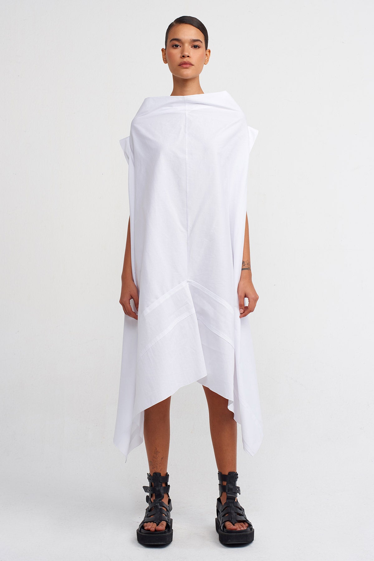 Kırık Beyaz Asimetrik Kesim Poplin Elbise-Y244014063