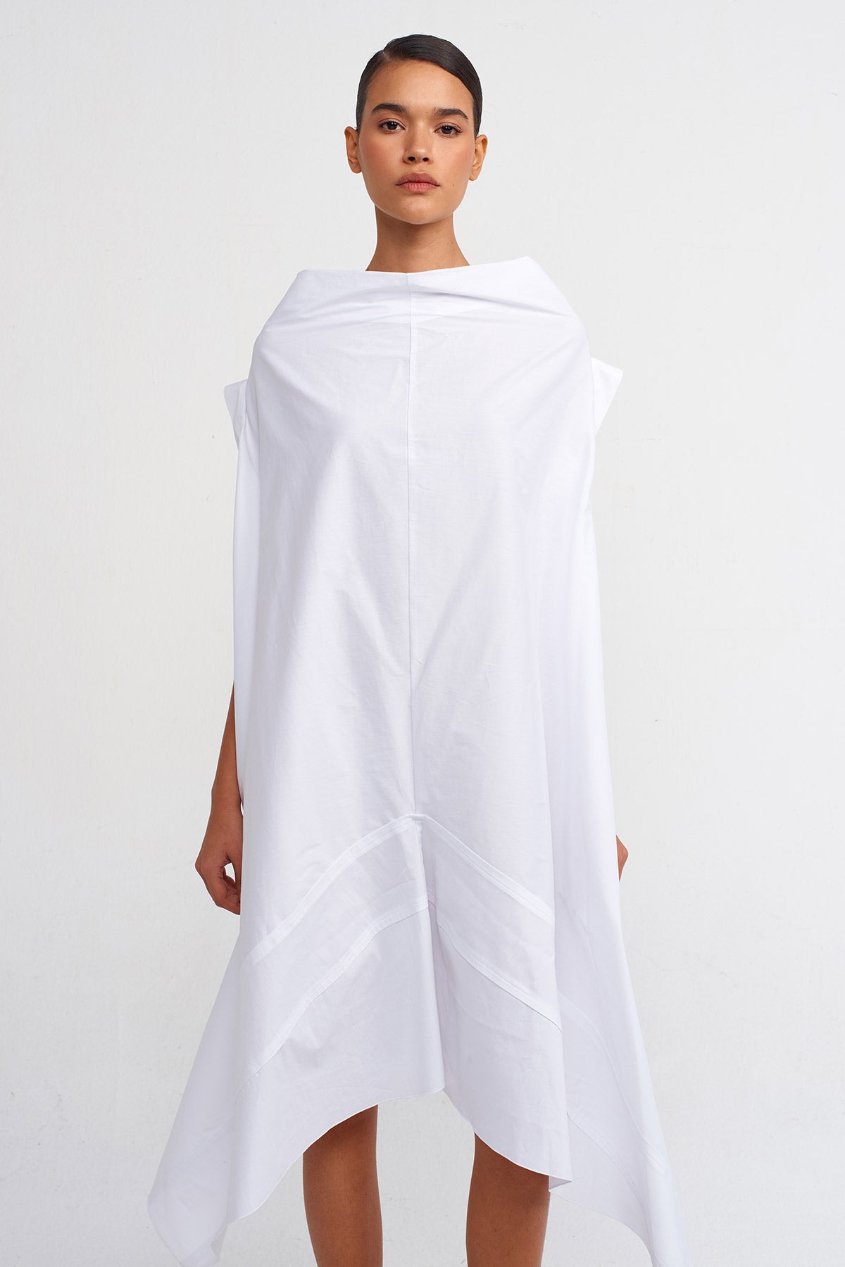 Kırık Beyaz Asimetrik Kesim Poplin Elbise-Y244014063