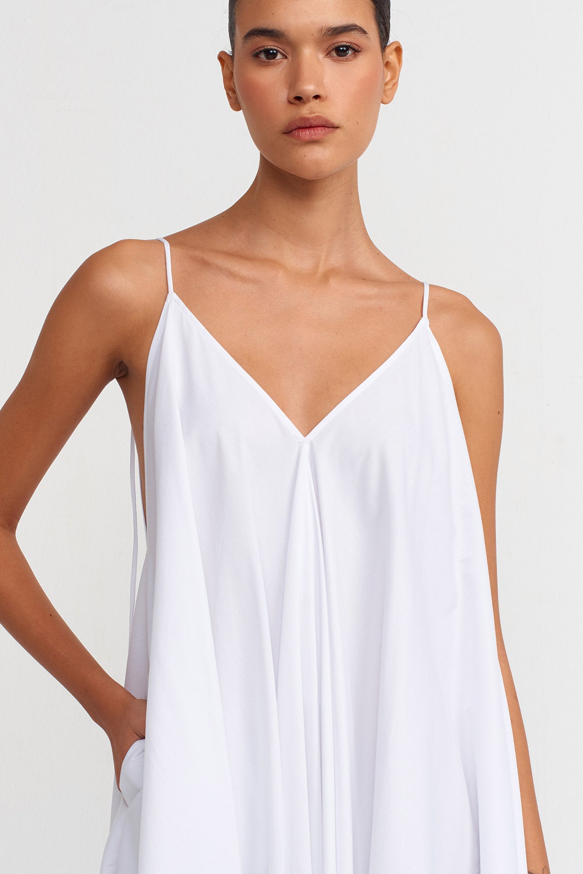 Kırık Beyaz Askılı Poplin Elbise-Y244014064
