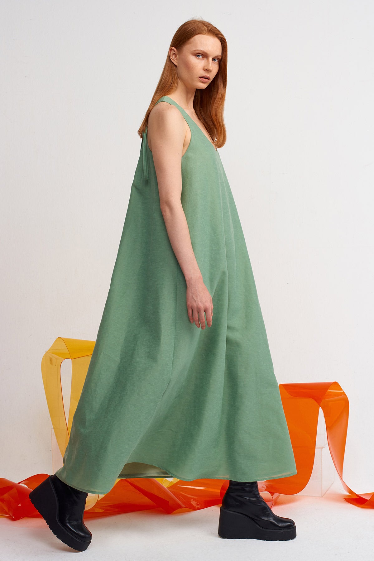 Yeşil Uzun Bol Elbise-Y244014099