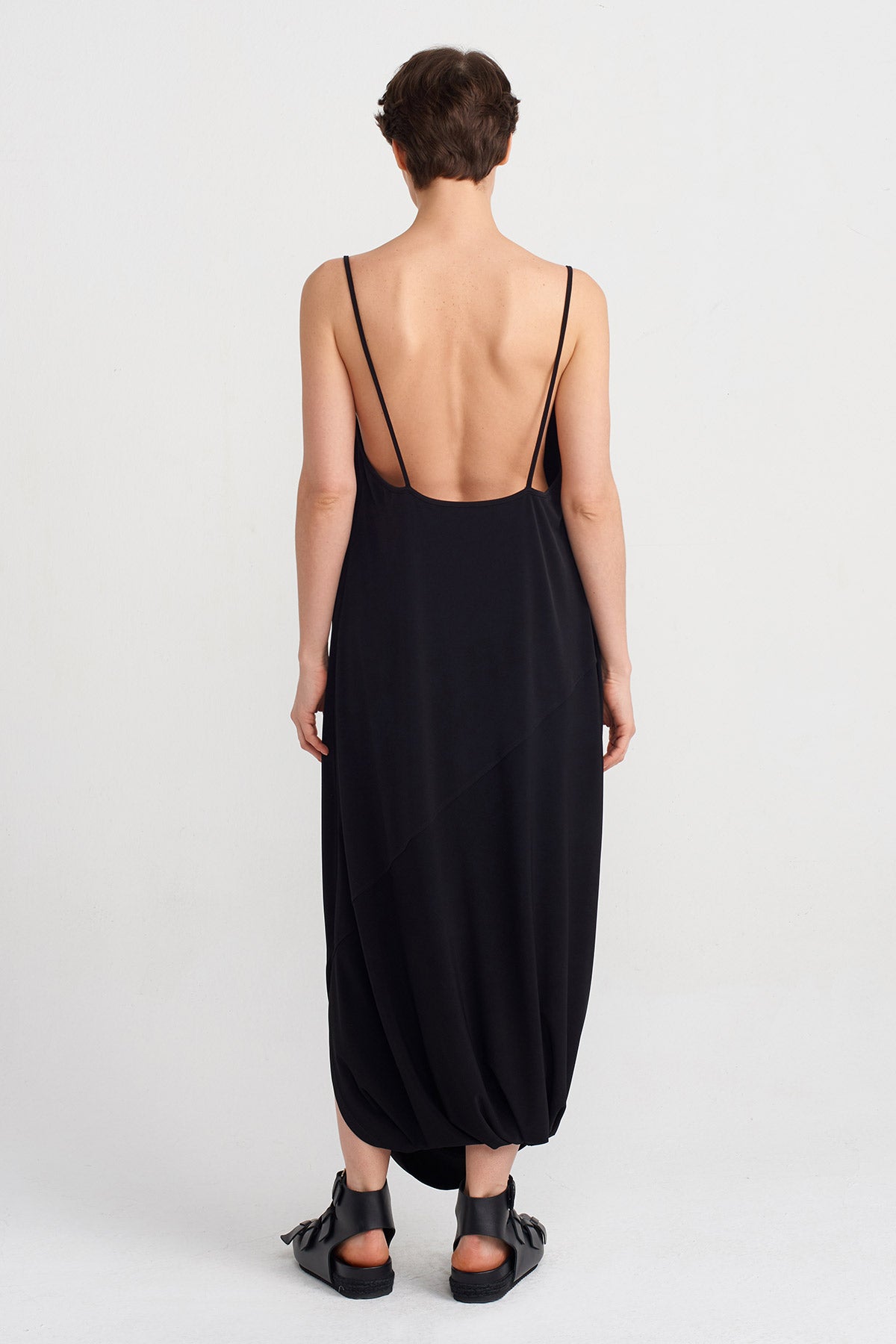 Siyah İnce Askılı Drapeli Elbise-Y244014114