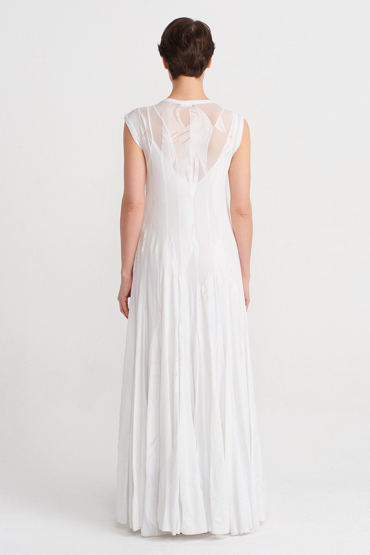 Kırık Beyaz Tona Ton Baskı Desenli Uzun Şık Elbise-Y244014132