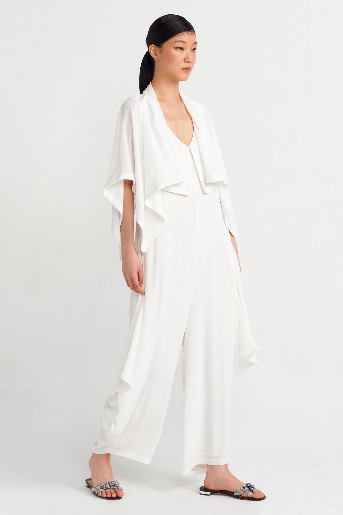 Kırık Beyaz Sırt Dekolteli Pelerin Elbise-Y244014140