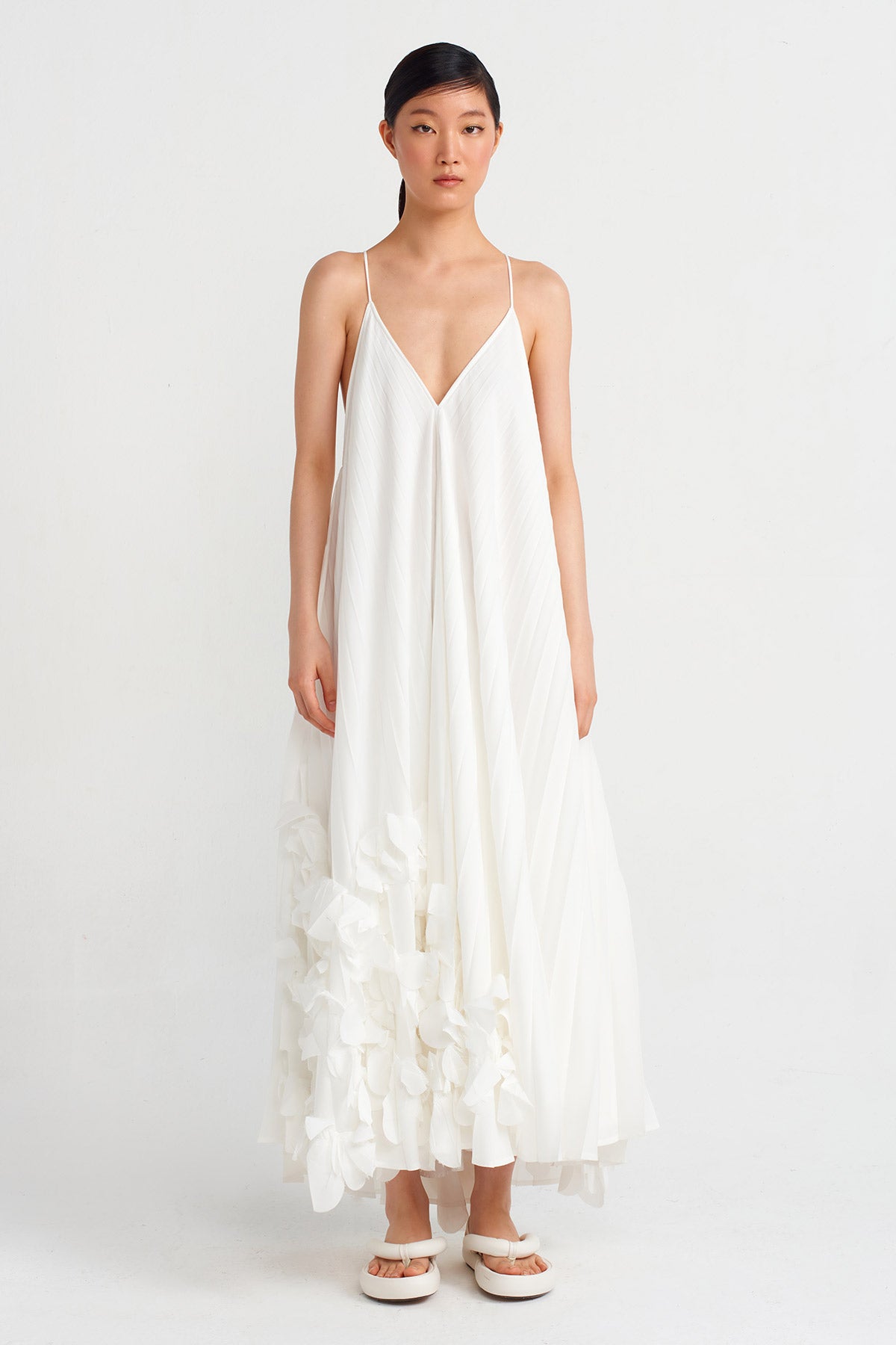 Kırık Beyaz Etekleri Çiçek Motifli Plisoley Elbise-Y244014147