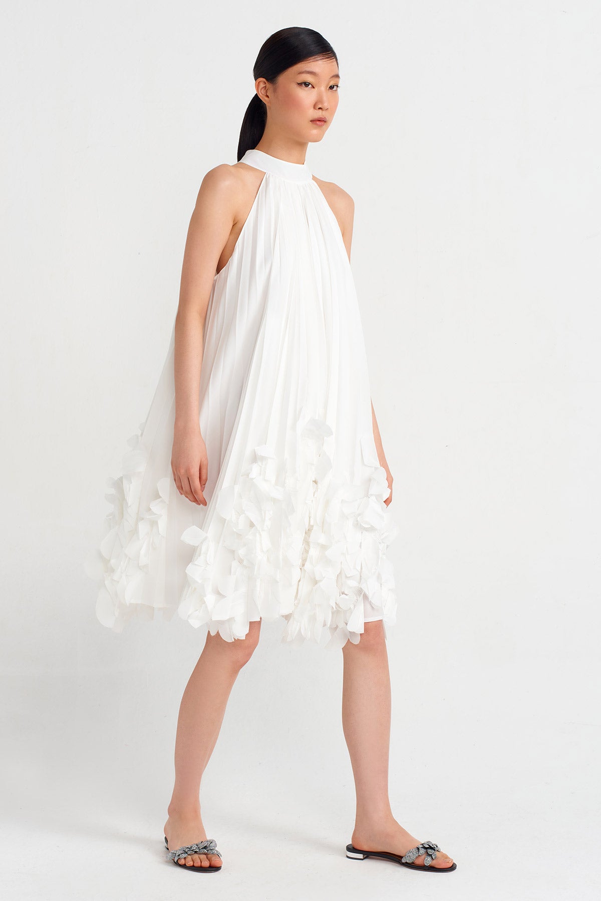 Kırık Beyaz Çiçek Motifli Kısa Elbise-Y244014148