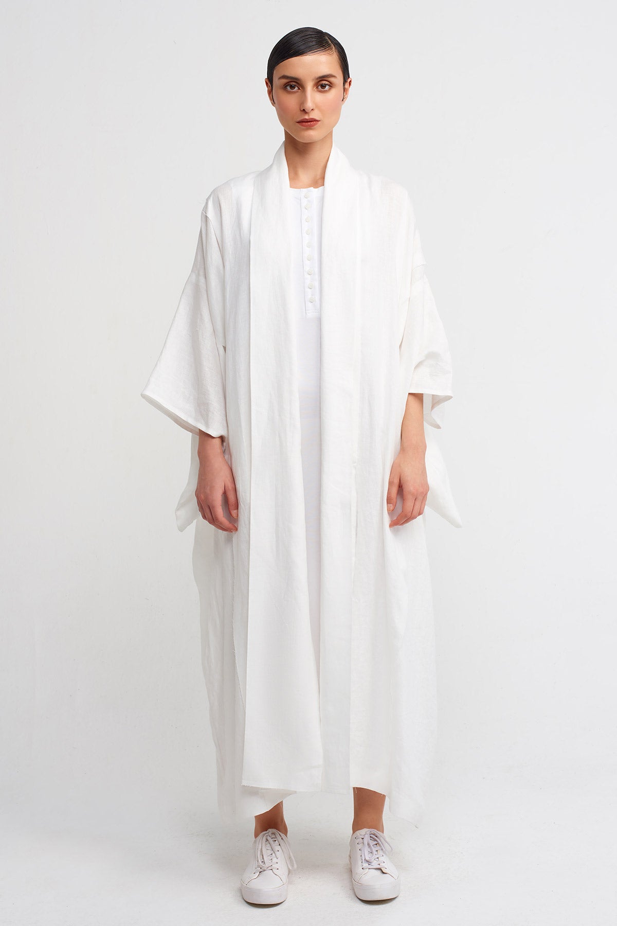 Kırık Beyaz Uzun Keten Kimono-Y245015017