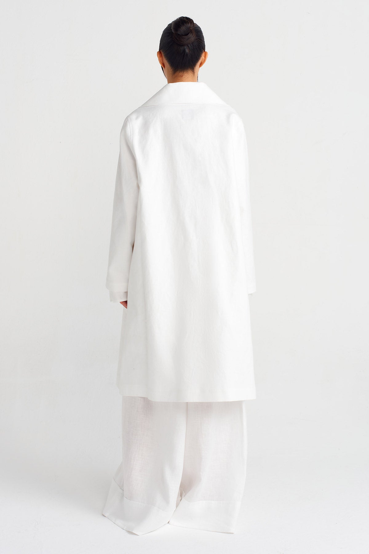 Kırık Beyaz Uzun Keten Ceket-Y245015036