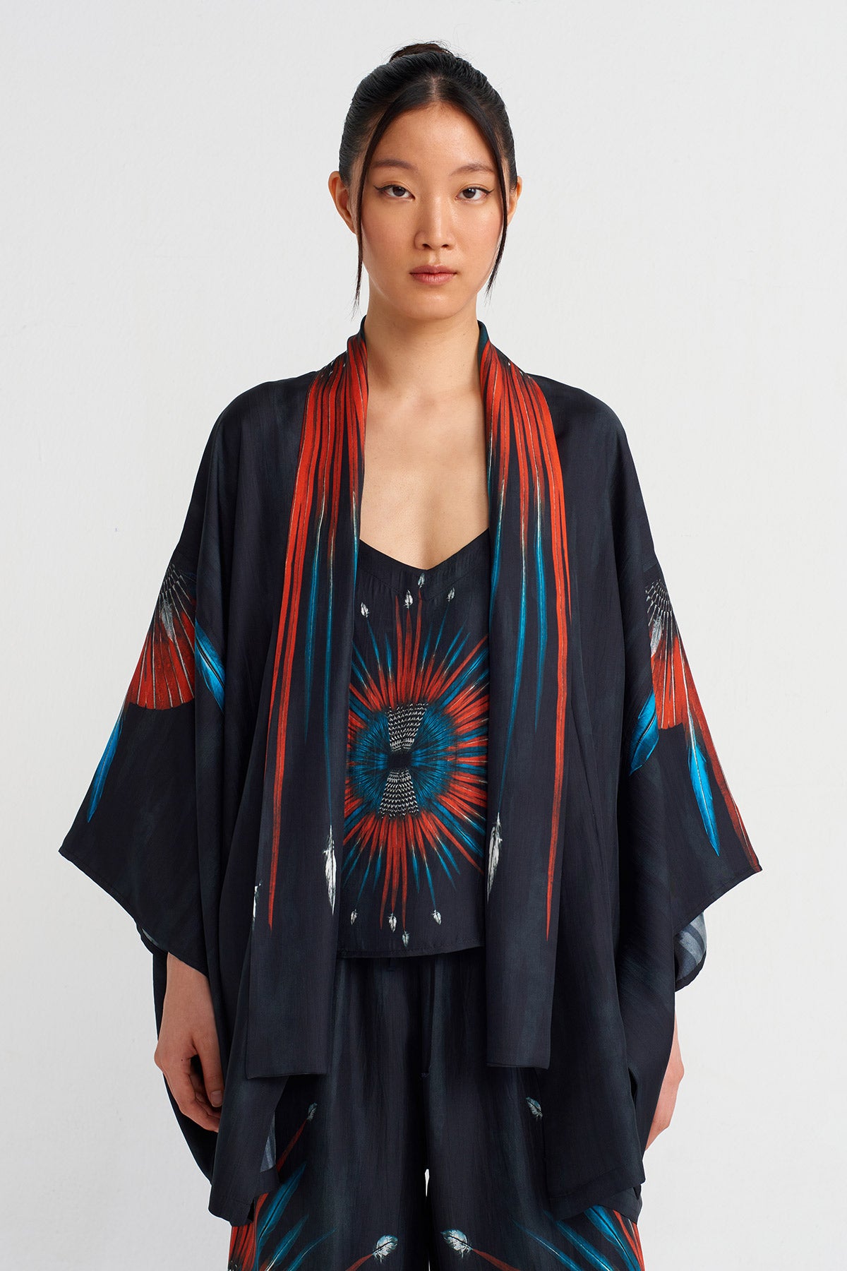 Multicolor Baskı Desenli Kısa Kimono-Y245015126