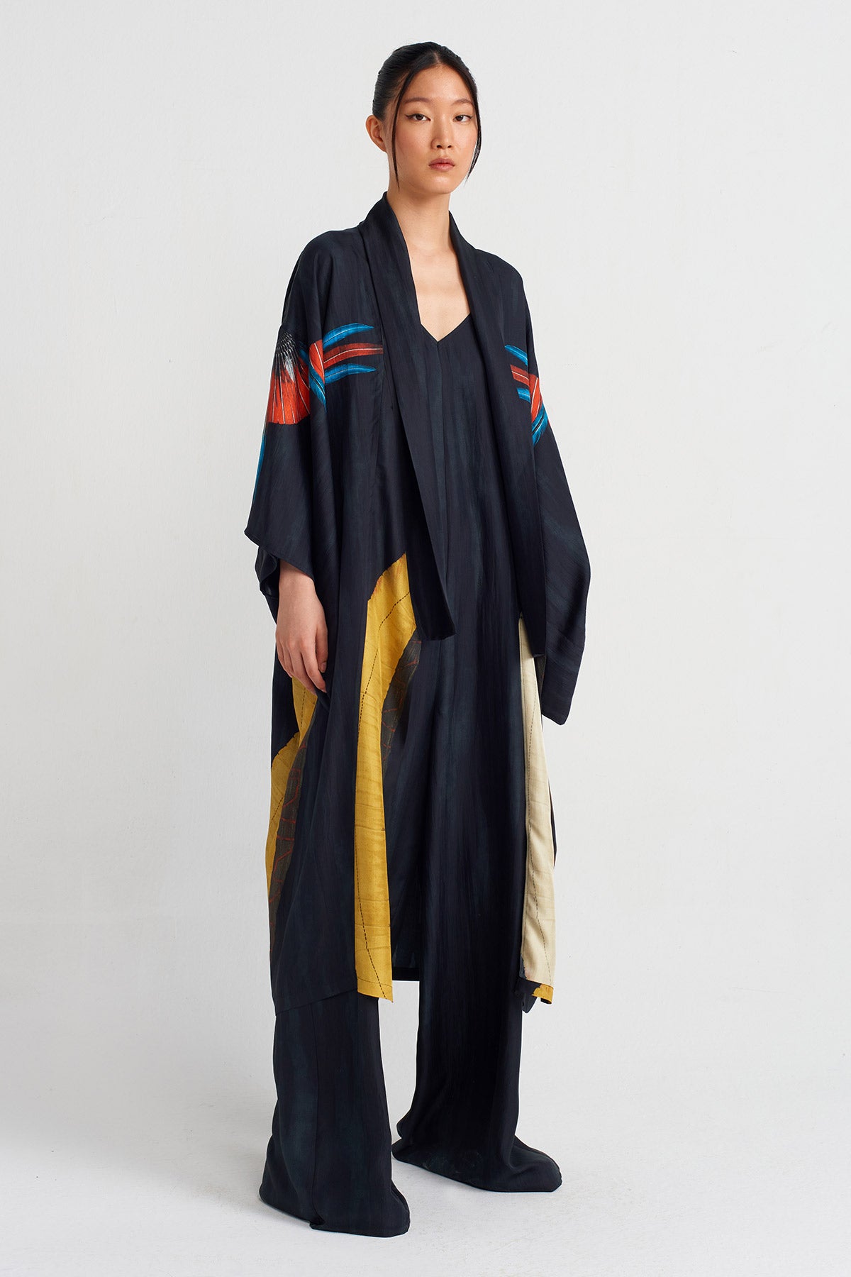 Multicolor Baskı Desenli Uzun Kimono-Y245015127