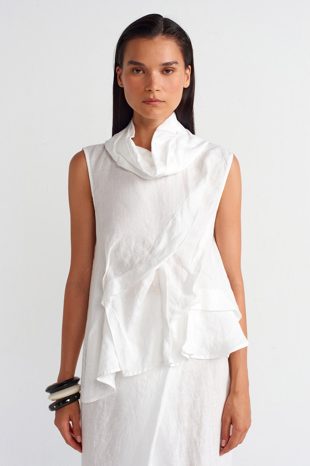 Off White Fold Detailed Linen Blouse-Y251011063