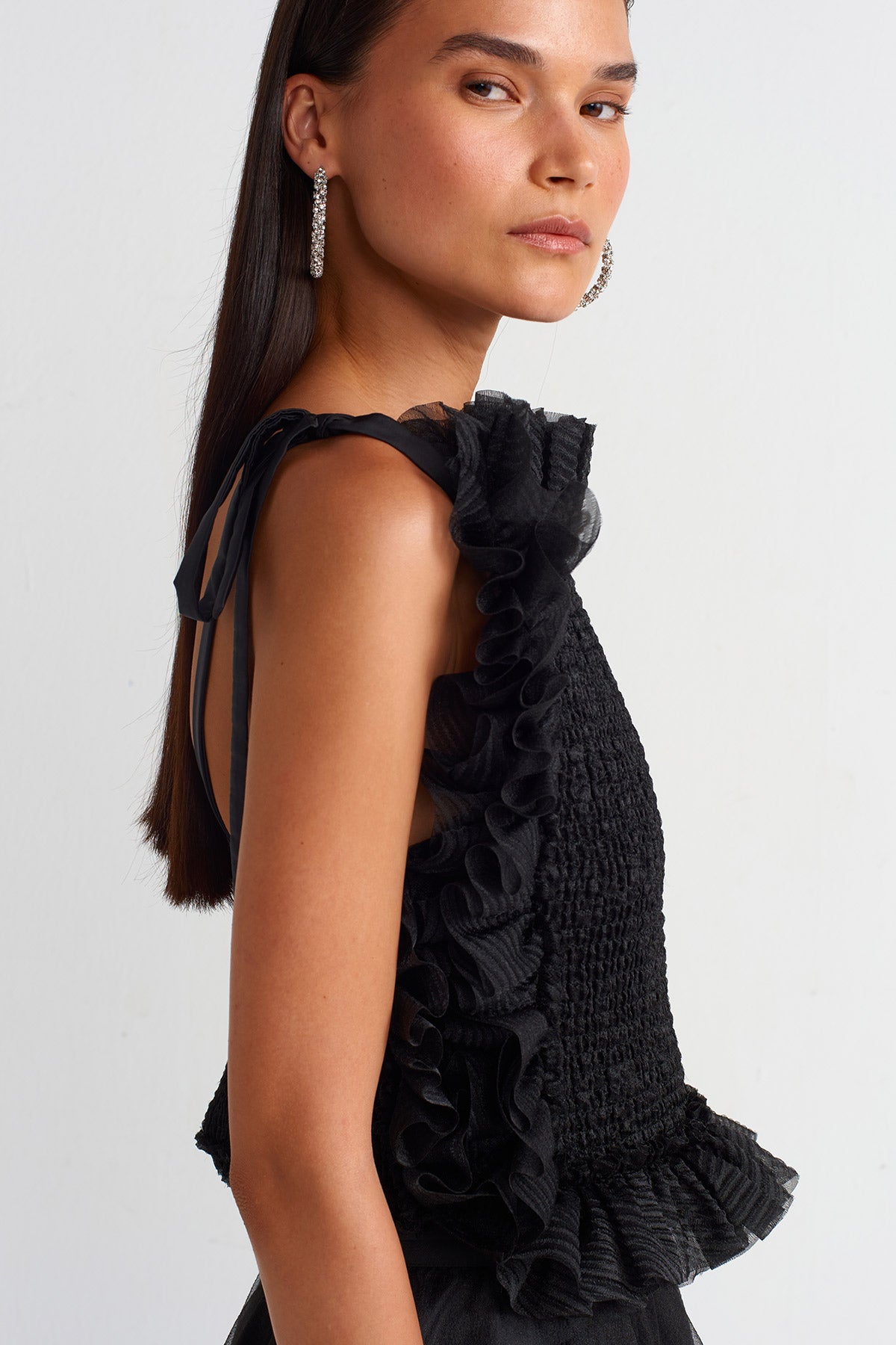 Black Embroidered Organza Bustier-Y251011075