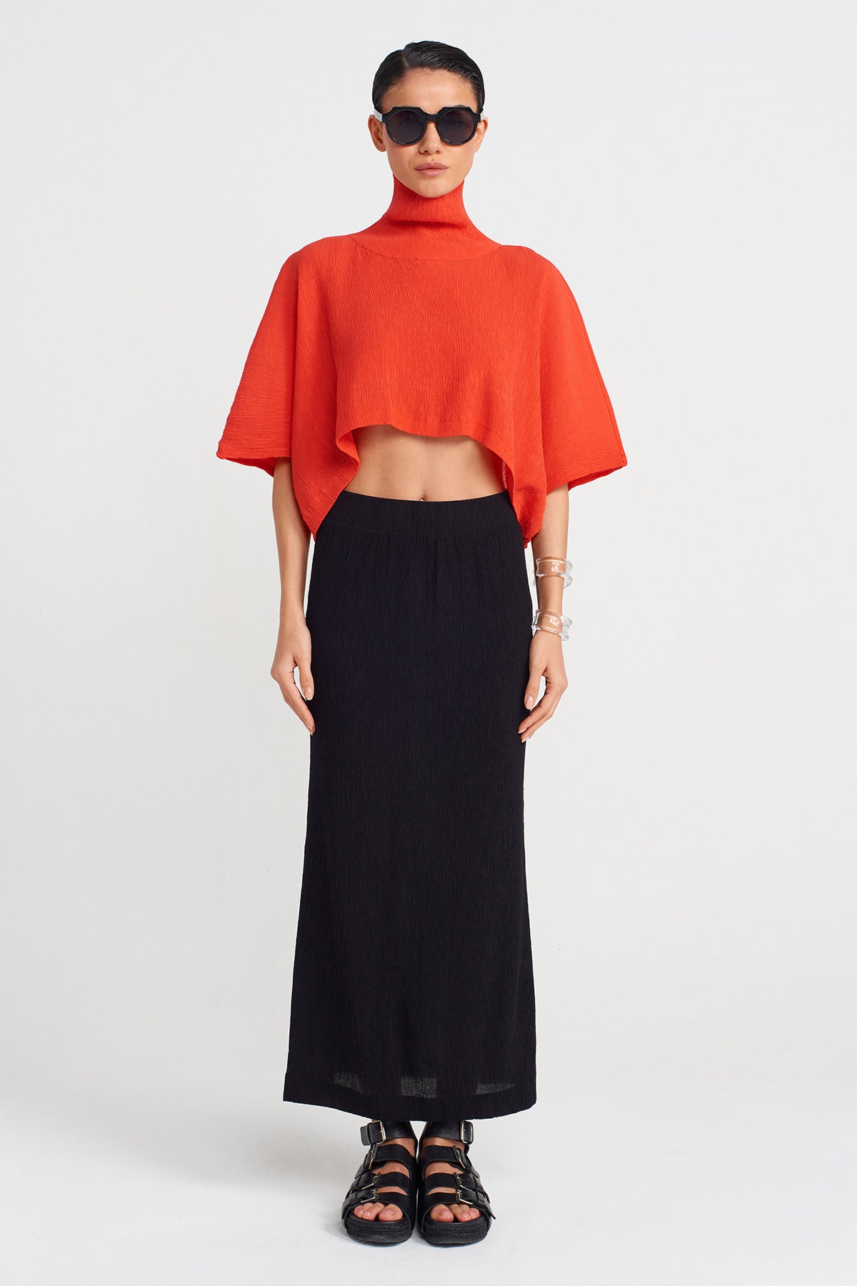 Kırmızı Yüksek Yakalı, Krinkıl Crop Bluz-Y251011101