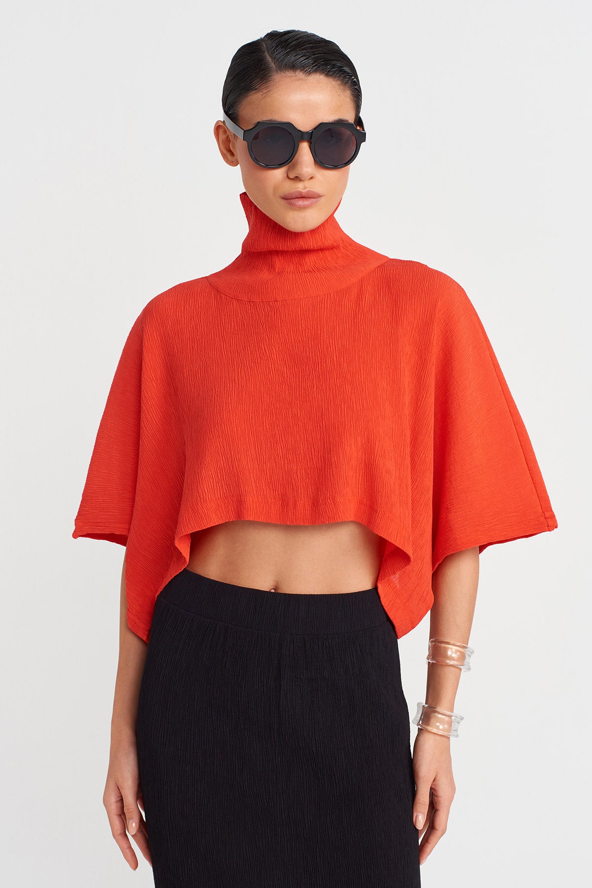 Kırmızı Yüksek Yakalı, Krinkıl Crop Bluz-Y251011101