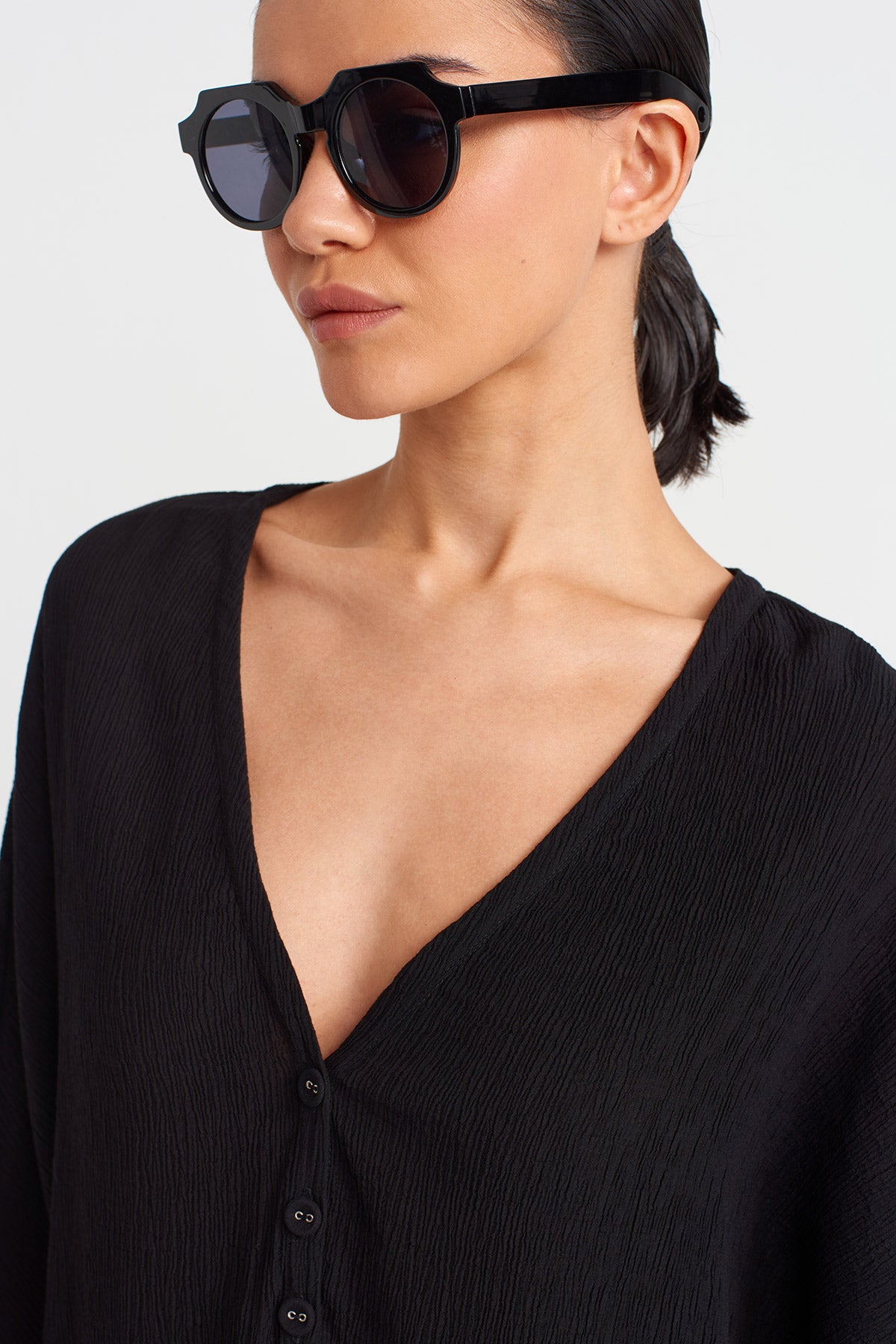 Black V Neck Buttoned Crinkle Blouse-Y251011102