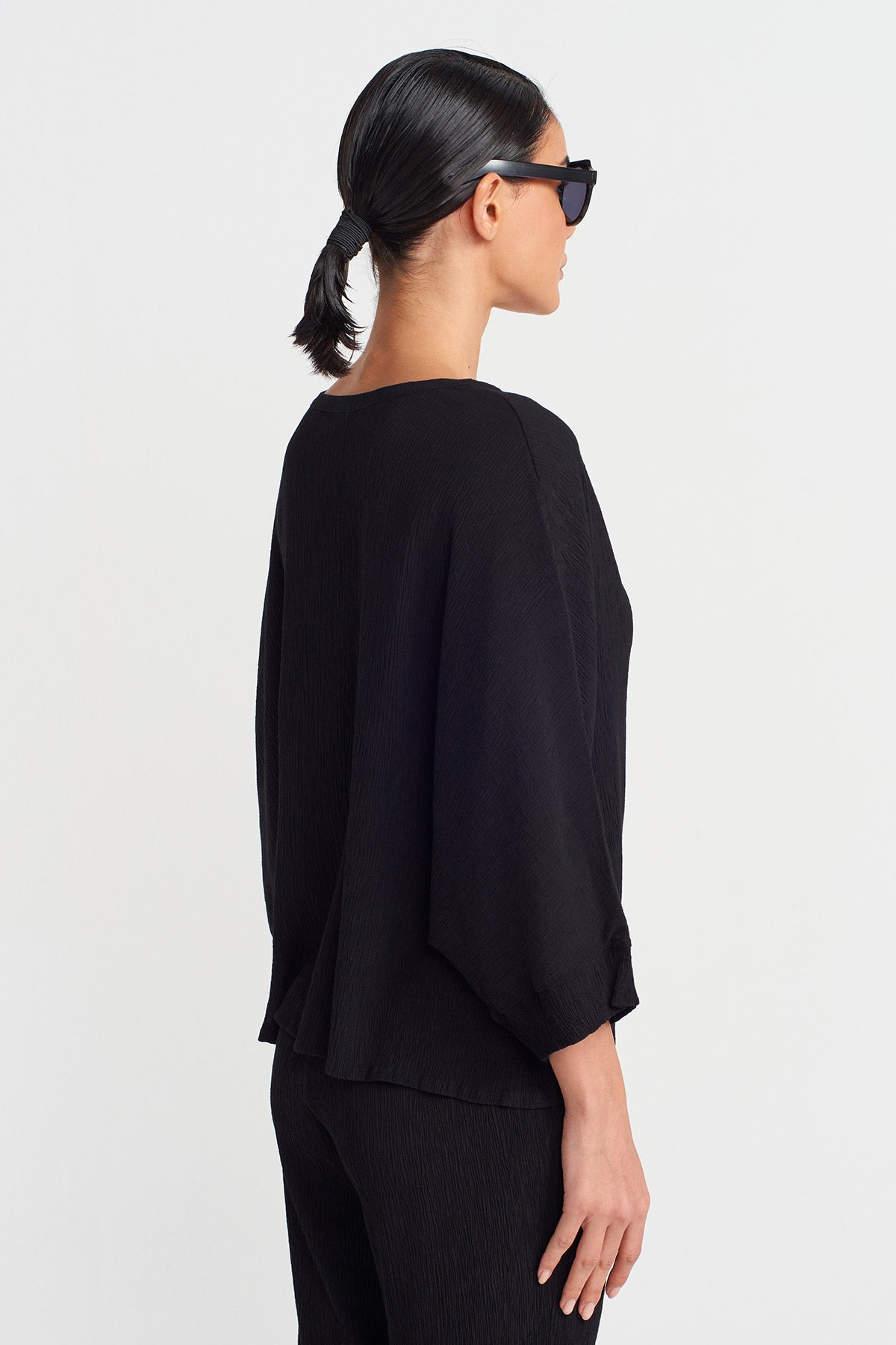 Black V Neck Buttoned Crinkle Blouse-Y251011102
