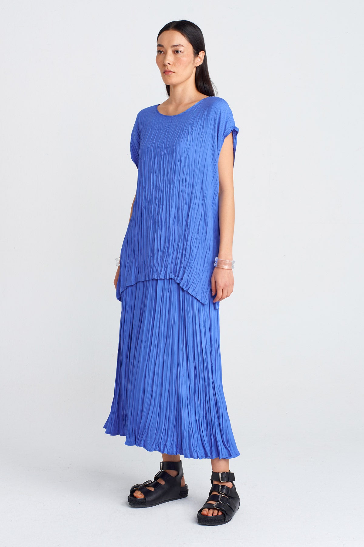 Royal Blue Wrinkled Effect Blouse-Y251011104
