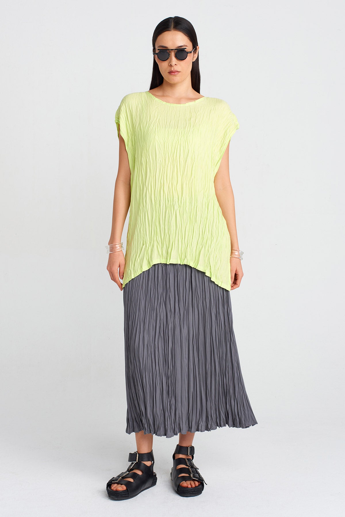 Neon Acid Green Crinkle Effect Blouse-Y251011104