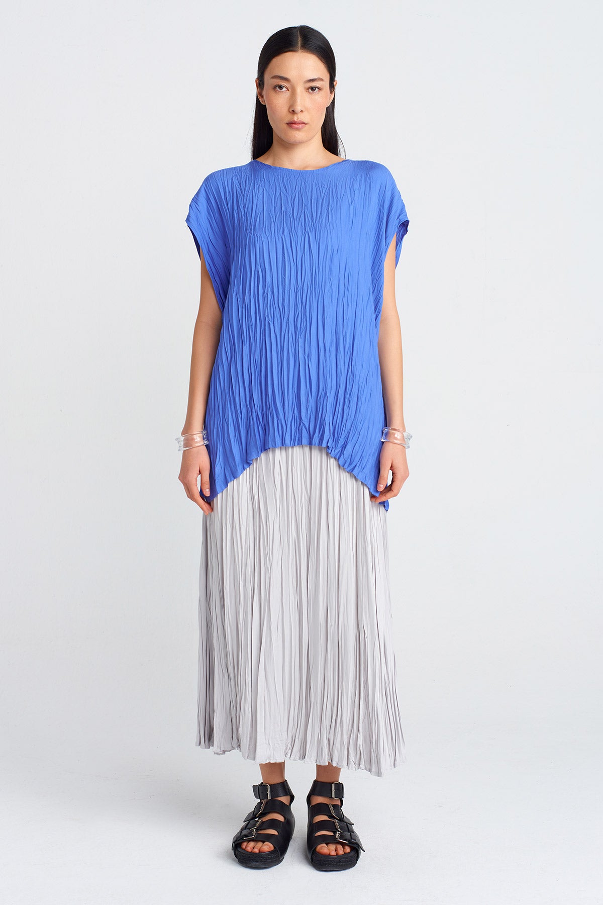 Royal Blue Wrinkled Effect Blouse-Y251011104