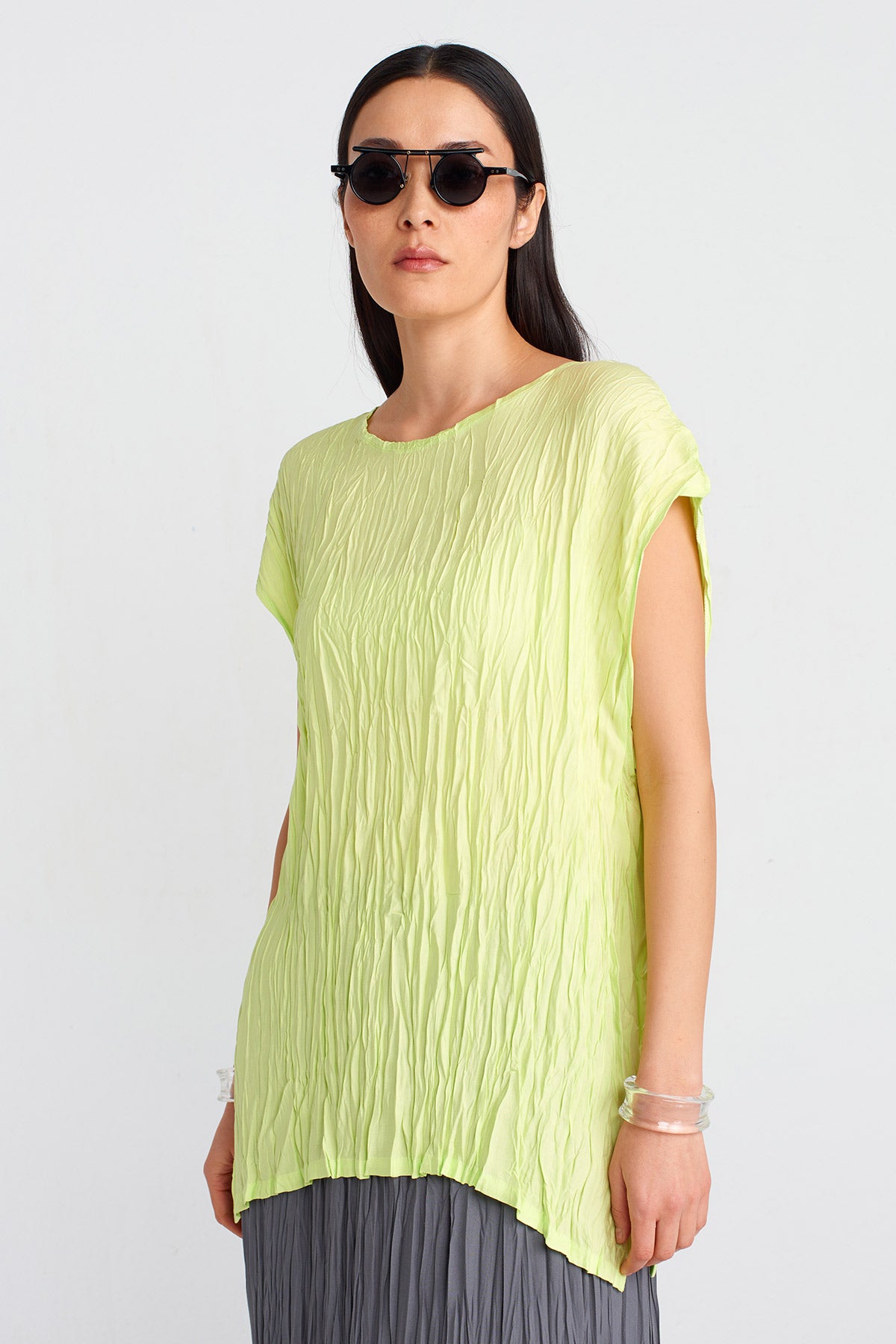 Neon Acid Green Crinkle Effect Blouse-Y251011104