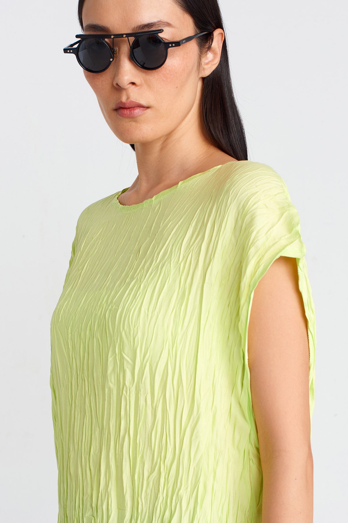 Neon Acid Green Crinkle Effect Blouse-Y251011104