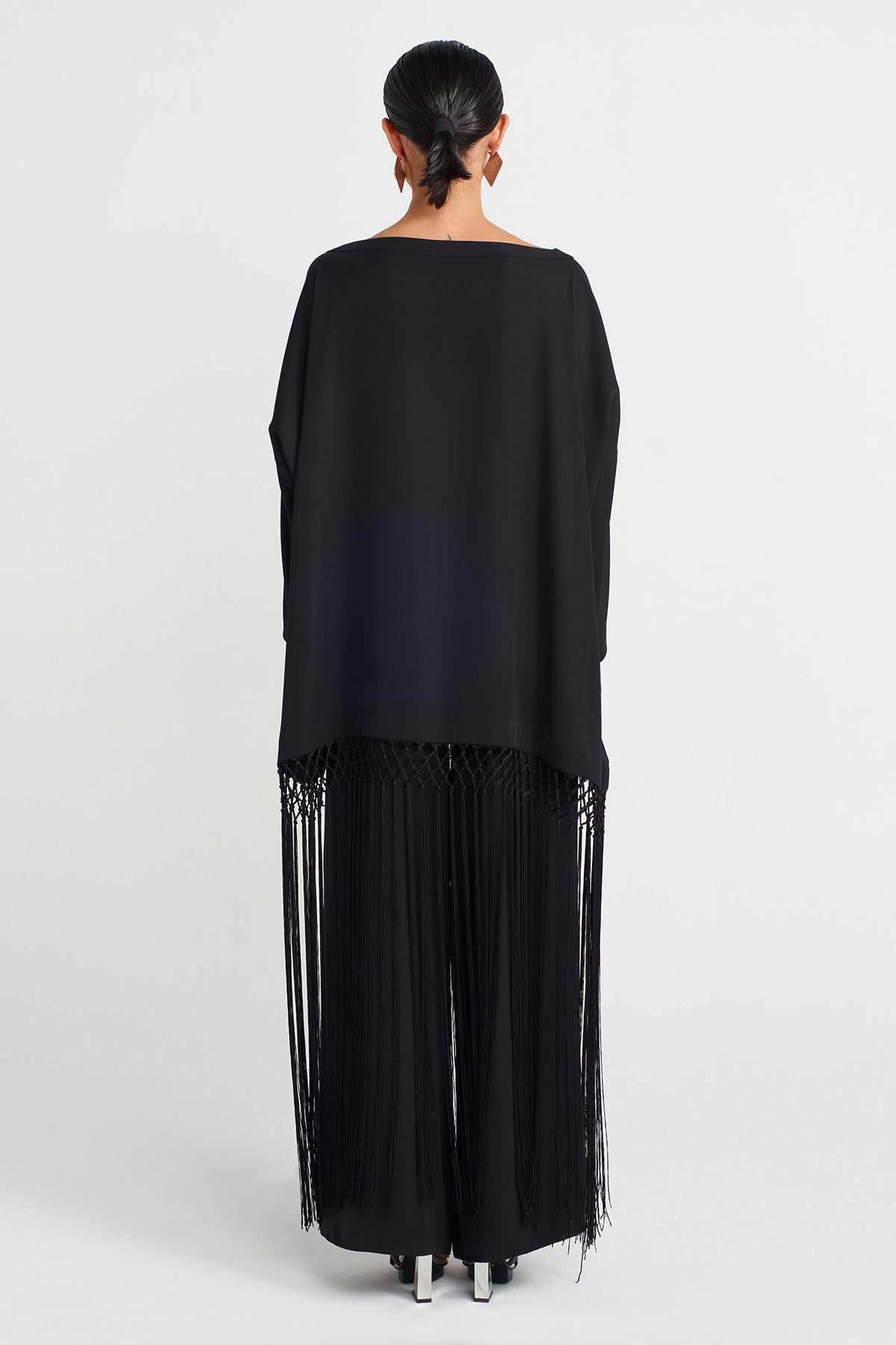 Siyah Macrome Püsküllü Oversize Bluz-Y251011153