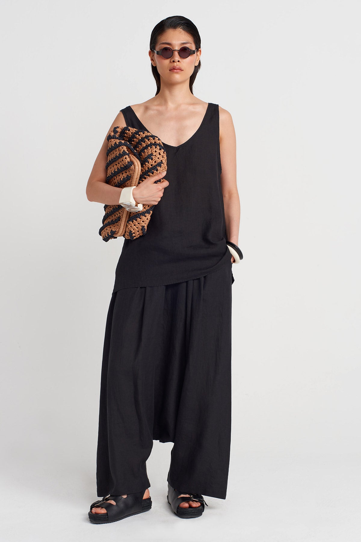 Siyah Oversize Keten Bluz-Y251011166