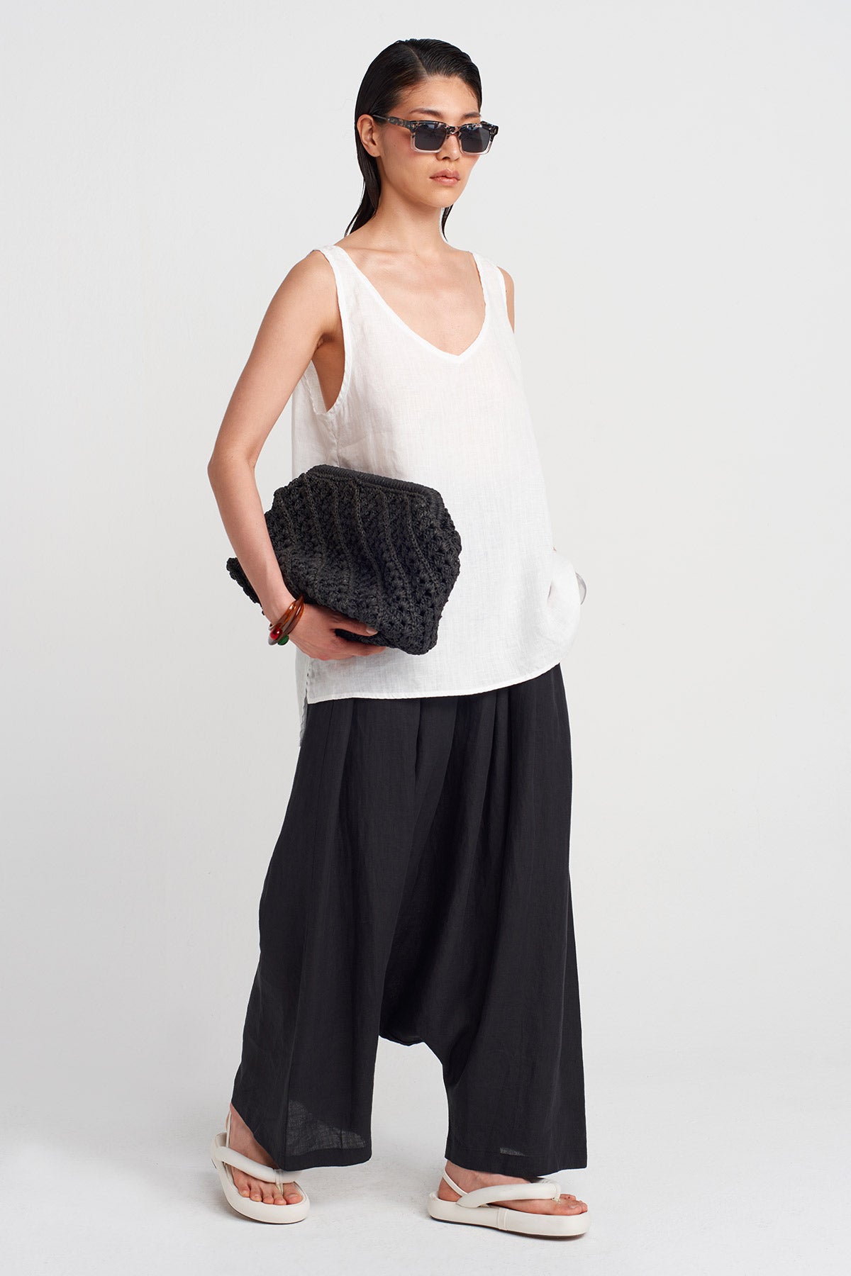 Kırık Beyaz Oversize Keten Bluz-Y251011166