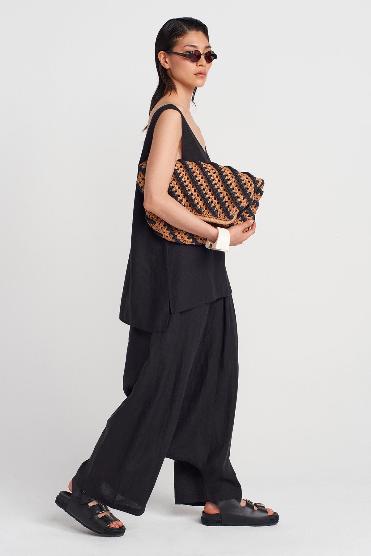 Siyah Oversize Keten Bluz-Y251011166