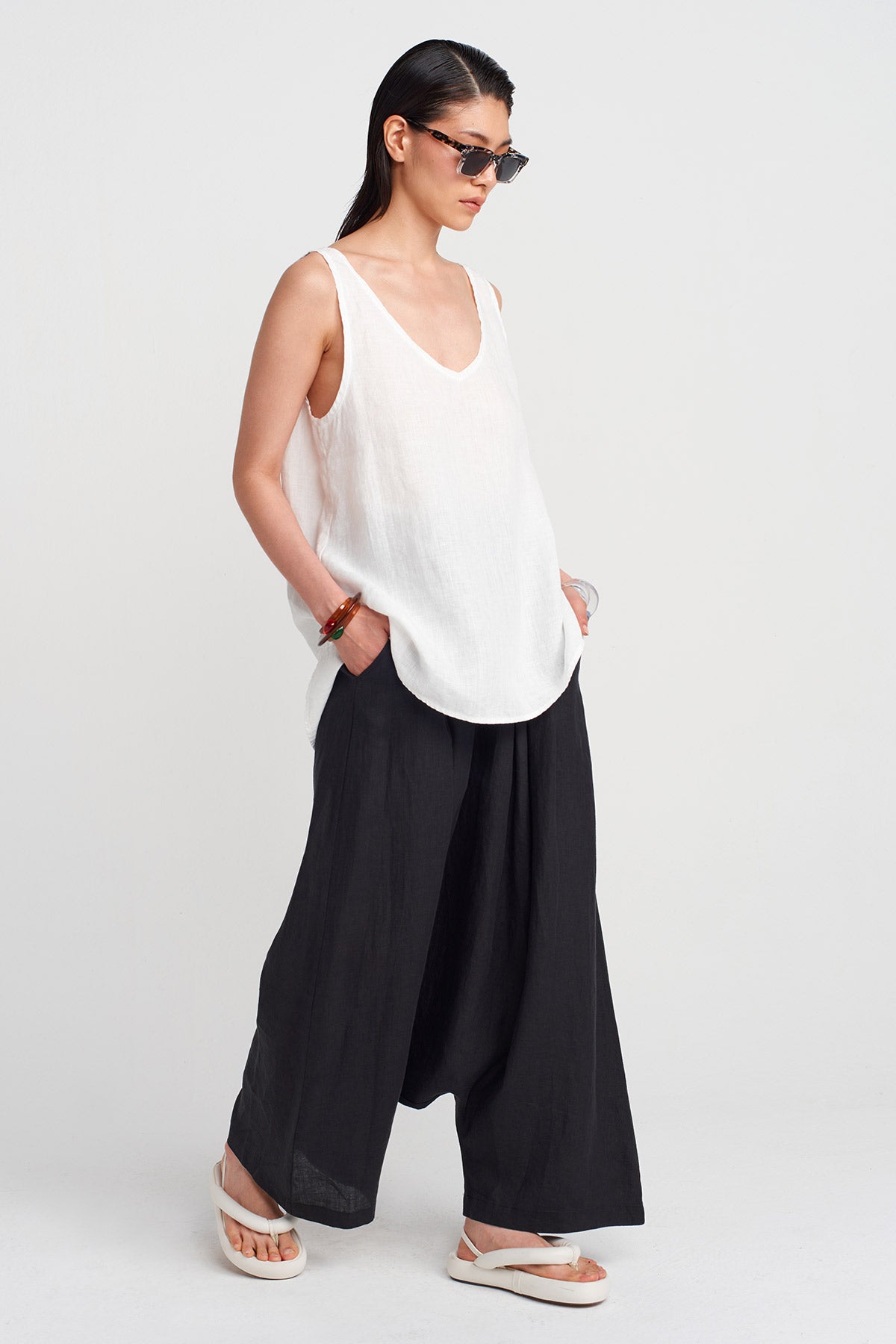 Kırık Beyaz Oversize Keten Bluz-Y251011166