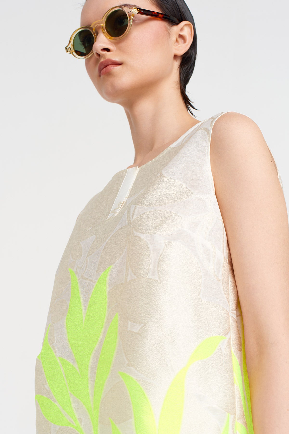 Neon Acid Green Jacquard Patterned Sleeveless Blouse-Y251011178