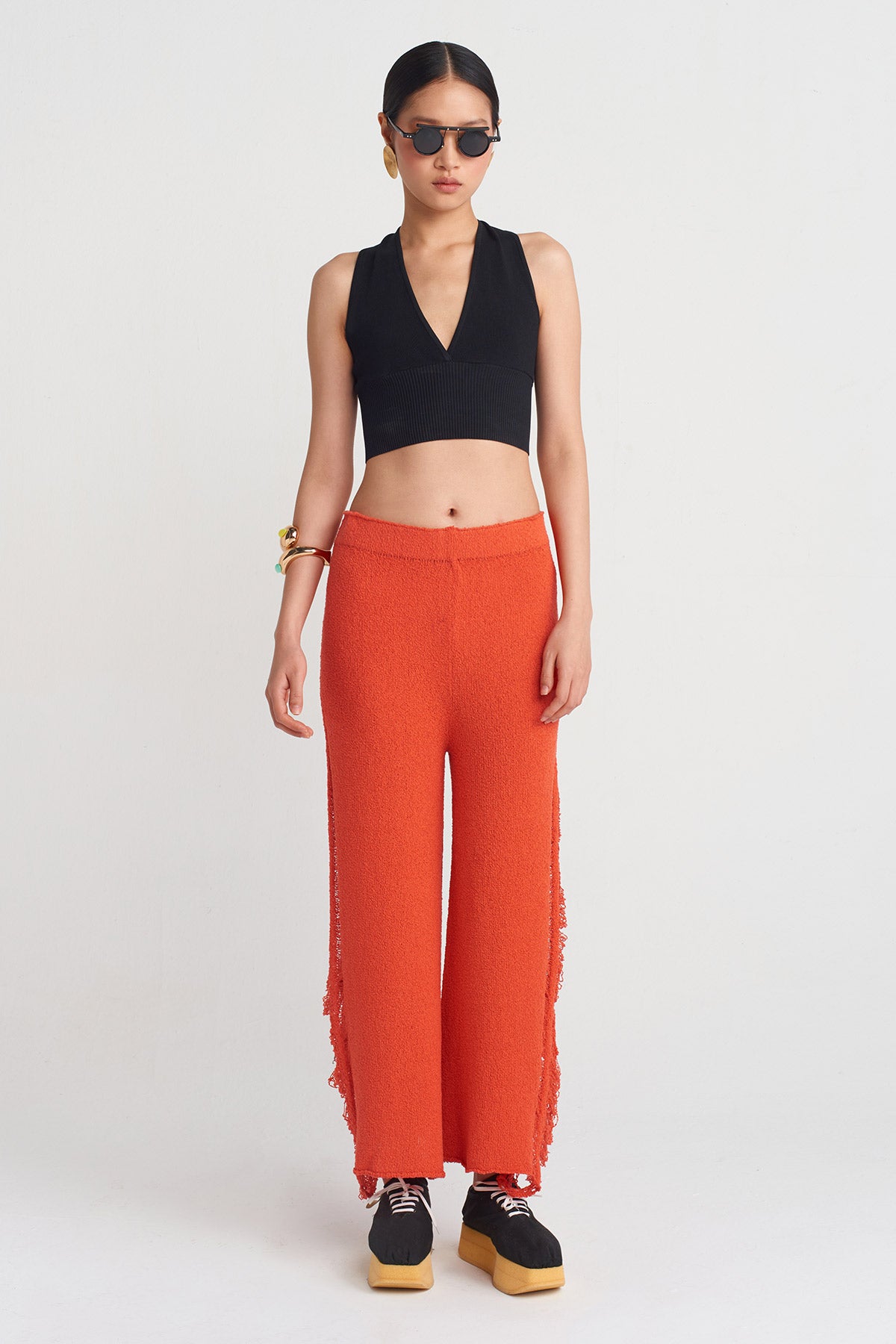 Red Ripped Effect Knitwear Trousers-Y253013014