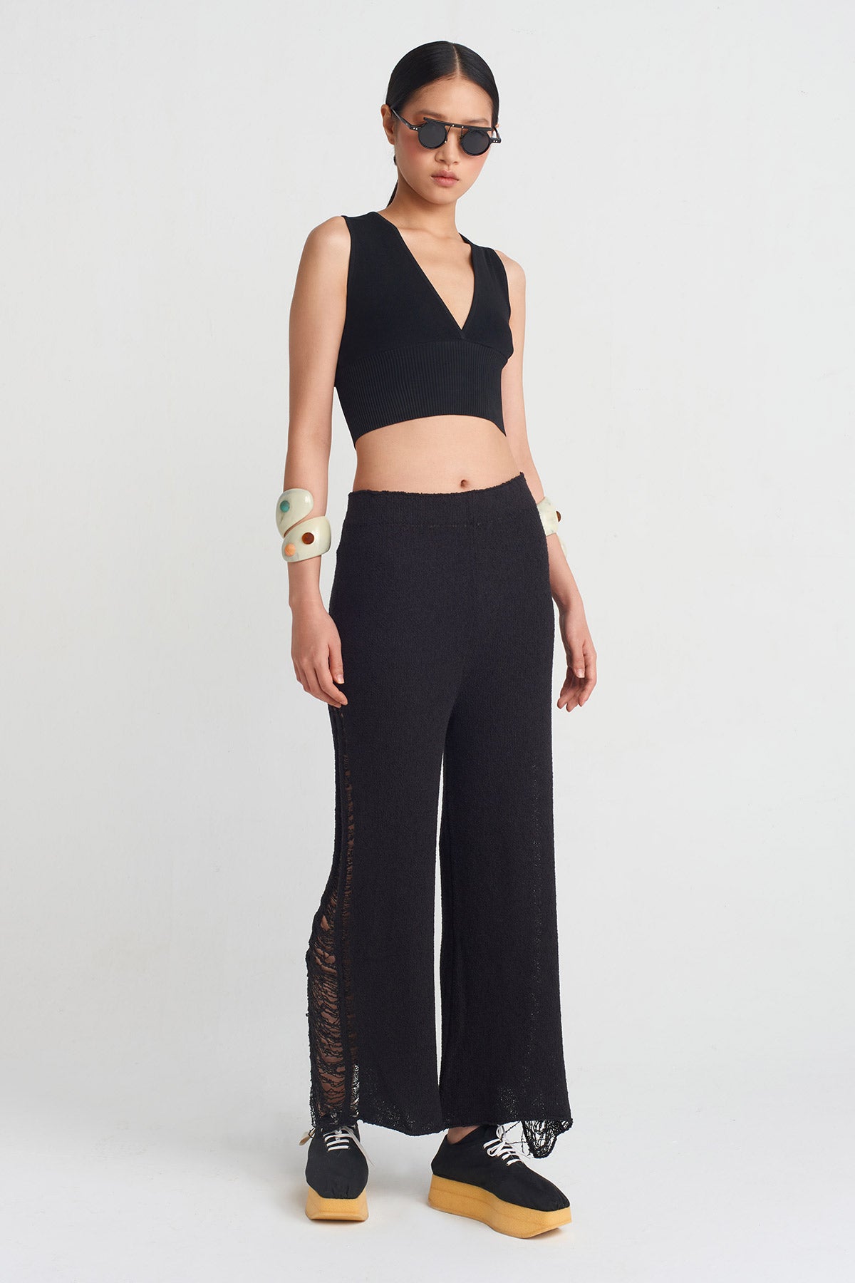 Black Ripped Effect Knitwear Trousers-Y253013014