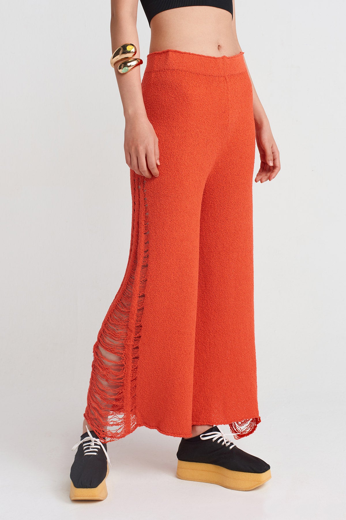 Red Ripped Effect Knitwear Trousers-Y253013014