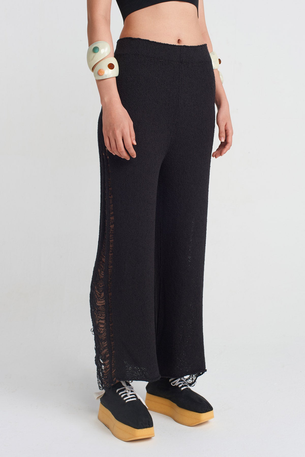 Black Ripped Effect Knitwear Trousers-Y253013014